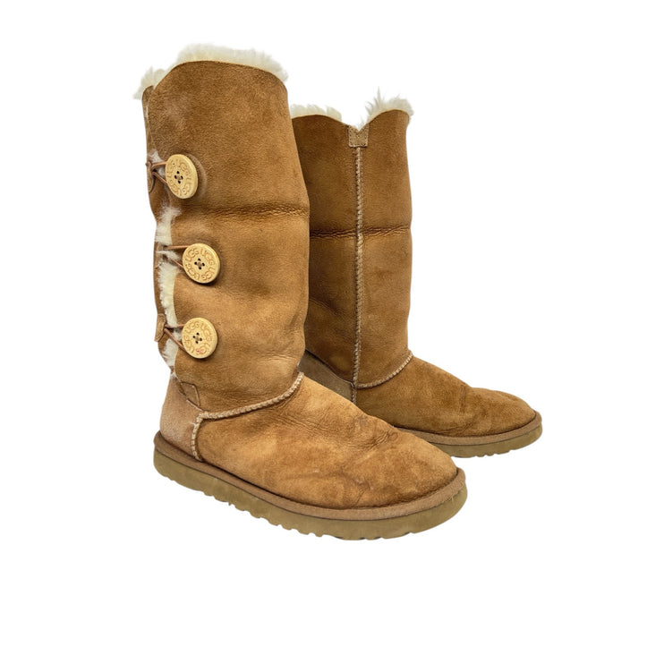 UGG Bailey Button Triplet II Brown Shearling Leather Mid Calf Snow Boots Size 7