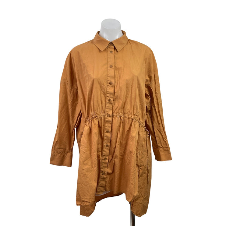 Zara Tan Brown Long Sleeve Hi-Low Button Down Shirt Tunic Mini Dress Size L