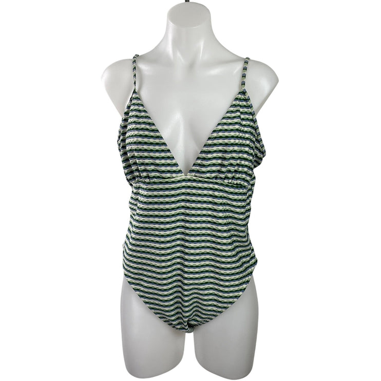 Shade & Shore Green Striped Sleeveless V Neck One Piece Swimsuit Swimwear XS