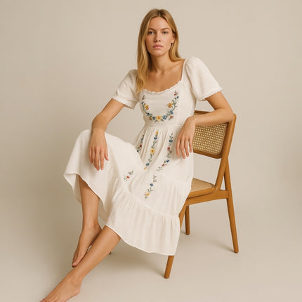 Just Me White Floral Lace Embroidered Puff Sleeve Tiered Midi A-Line Dress Sz S