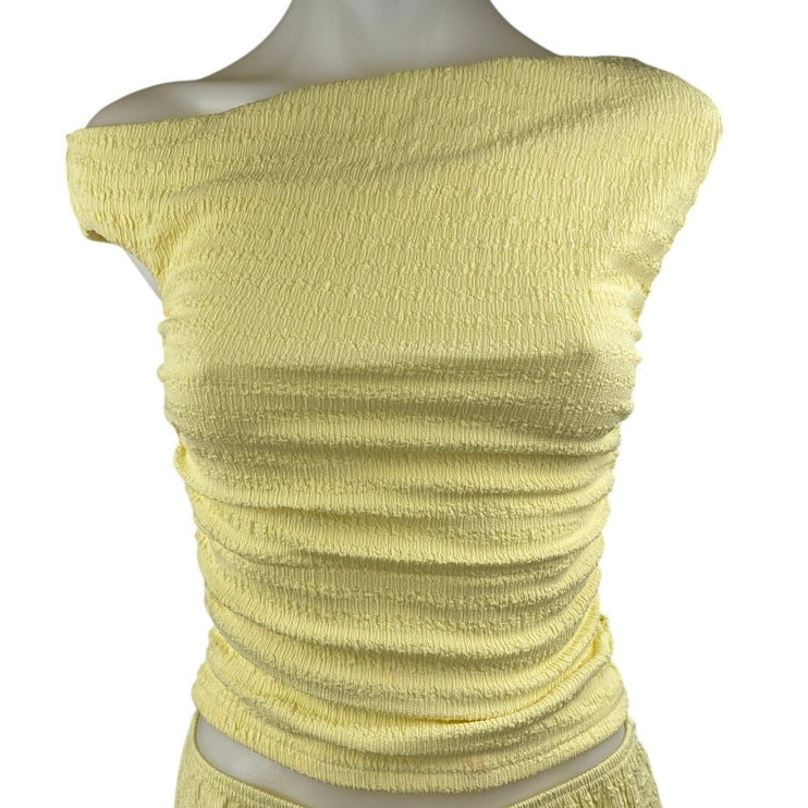 White Fox Women's Yellow One Shoulder Ruched Top & Straight Leg Pants Set Sz XS