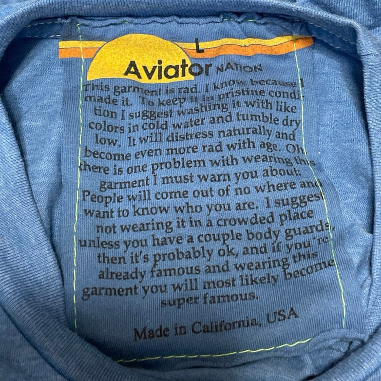 Aviator Nation Blue Crewneck Short Sleeve Frayed Hem Casual Tee T-shirt Top Sz L