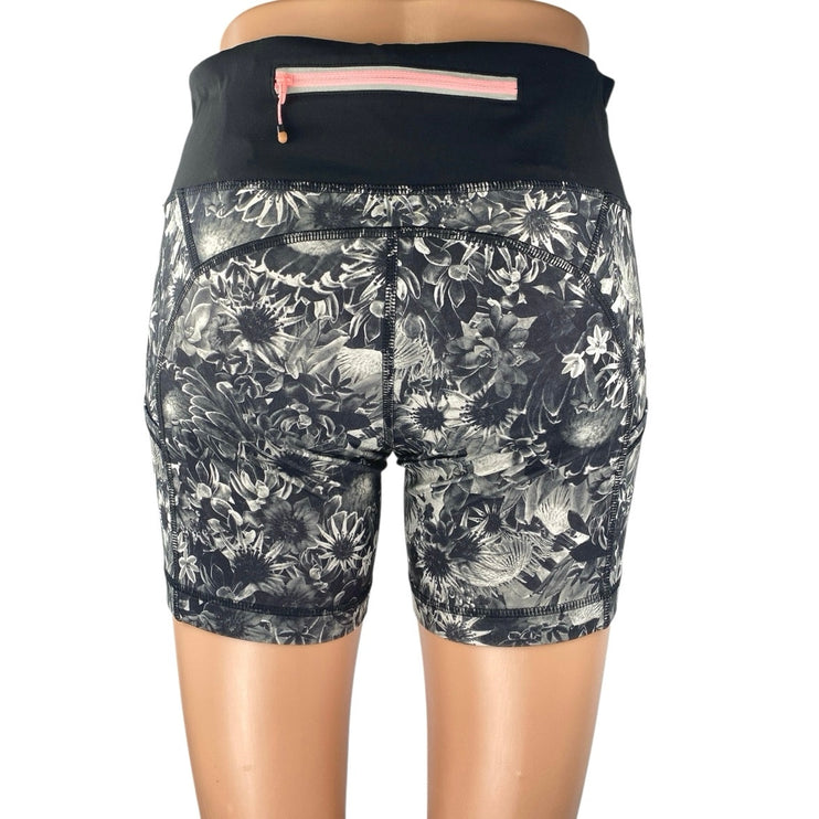 Lululemon Run Dart & Dash Floral Black White Running Athletic Biker Shorts Sz 6
