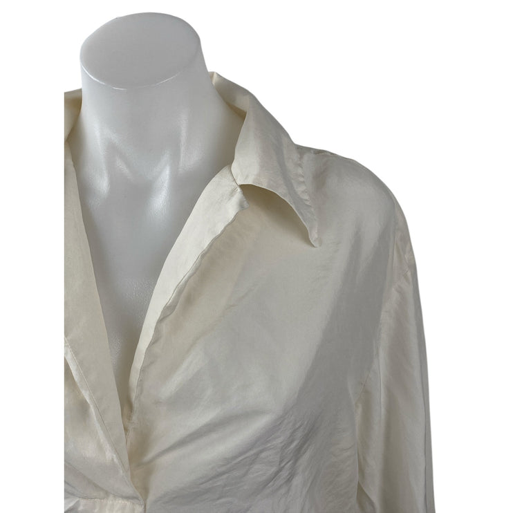 Banana Republic 100% Silk White V Neck Collared Long Sleeve Shirt Blouse Top S