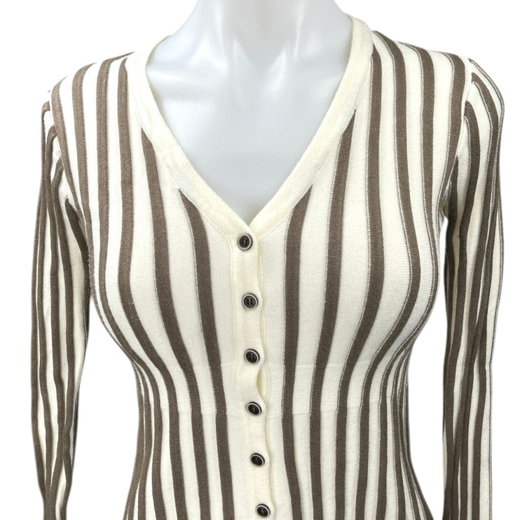 Commense Tan White Striped Knit Button V-Neck Long Sleeve Cardigan Sweater Top S