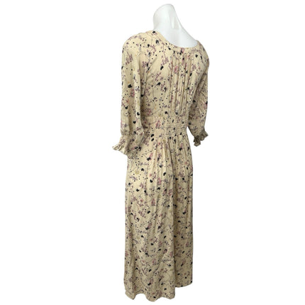 ba&sh Maya Beige Floral Print Square Neck 3/4 Sleeve Button Midi A-Line Dress 1