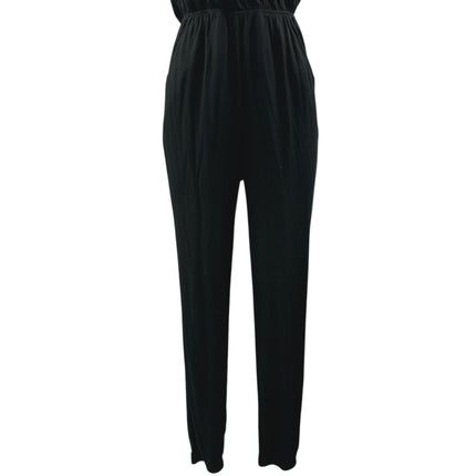 Lulus Learning to Fly Black Halter Sleeveless V Neck Faux Wrap Jumpsuit Size S