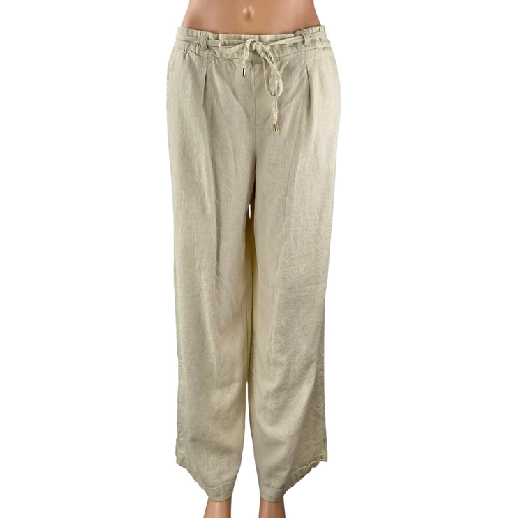 Zara Women's Beige Linen Drawstring Pleated Wide Leg Baggy Trousers Pants Size S