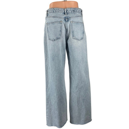Zara Light Blue Frayed Hem High Rise Baggy Palazzo Wide Leg Denim Jeans Pants 6