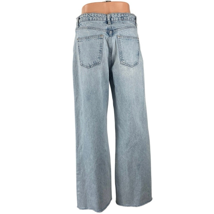 Zara Light Blue Frayed Hem High Rise Baggy Palazzo Wide Leg Denim Jeans Pants 6