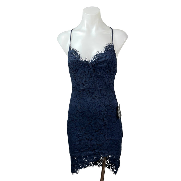 NEW Lulus Flirting With Desire Navy Blue Floral Lace Mini Bodycon Dress Size XS