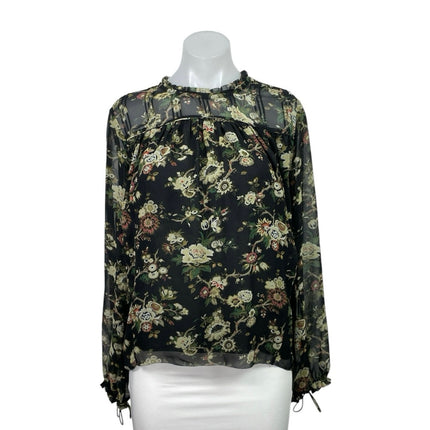 Aritzia Wilfred Black Floral Long Sleeve Chiffon Mesh Ruffle Blouse Top Size S