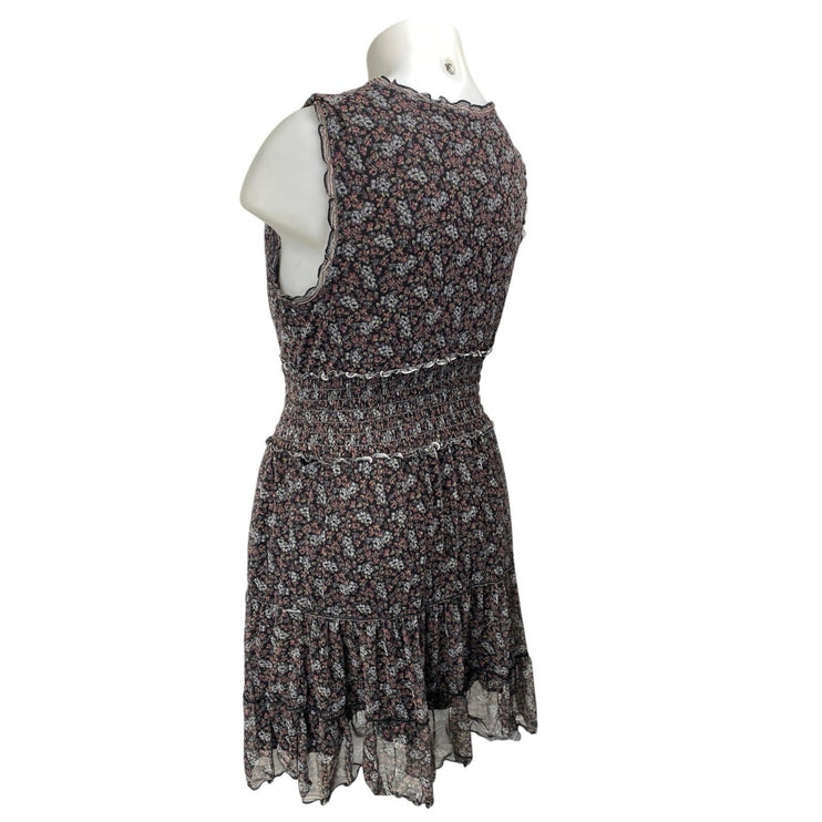 Max Studio Brown Floral Sleeveless Smocked V-Neck Tiered Mini A-Line Dress Sz XL