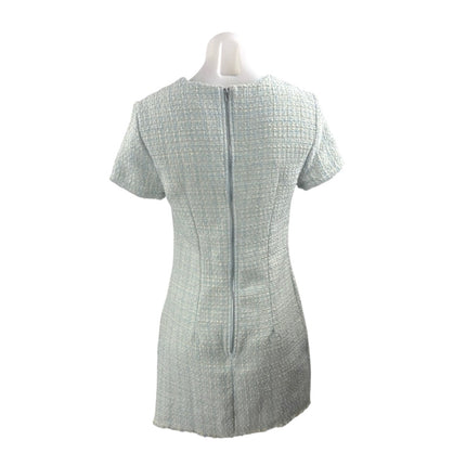 Bebop Blue Short Sleeve Tweed Crew Neck Fringe Faux Pocket A Line Mini Dress S