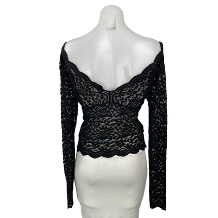 Zara Women's Black Long Sleeves Floral Lace Sheer Plunging V-neck Blouse Top L