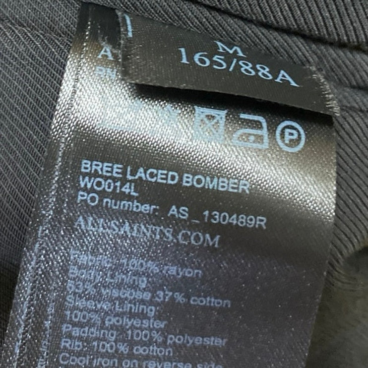 AllSaints Bree Women's Black Laced Up Full Zip Long Sleeve Bomber Coat Jacket M