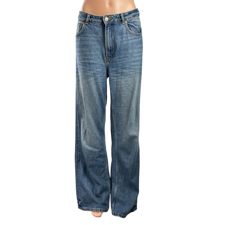 H&M Women's Blue Medium Wash High Waisted Wide Leg Baggy Denim Jeans Size 8