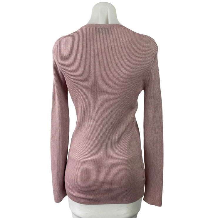 Prada Womens Pink Wool Silk Blend Metallic Rib Knit Long Sleeve Sweater Top 46