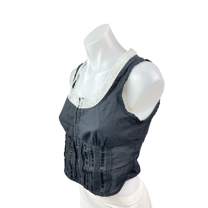 With Jean Black Lace Trim Pintucked Corset Bustier Zip Up Cami Tank Crop Top M
