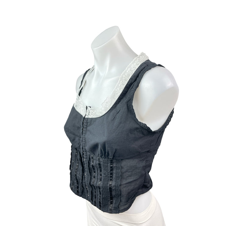 With Jean Black Lace Trim Pintucked Corset Bustier Zip Up Cami Tank Crop Top M