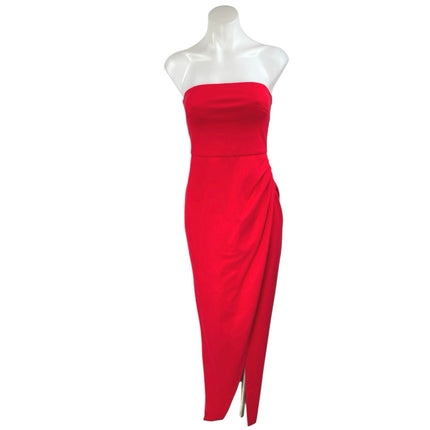 Lulus Red Strapless Sleeveless Bandeau Drape Tube Slit Sheath Maxi Dress Size S