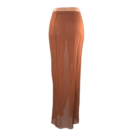 PrettyLittleThing Brown Sheer Mesh Patchwork High Slit Pencil Maxi Skirt Size 4