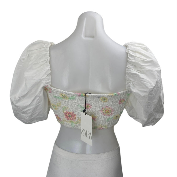 NEW Zara Women's White Floral Smocked Short Puff Sleeve Crop Blouse Top Size S