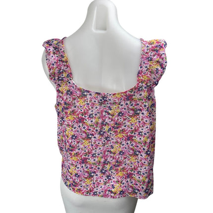 J.Crew Women's Pink Floral Cap Sleeve Chiffon V-Neck Button Crop Blouse Top Sz L