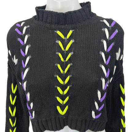 Forever 21 Black Lace Up Long Sleeve Mock Neck Pullover Crop Sweater Top Size M