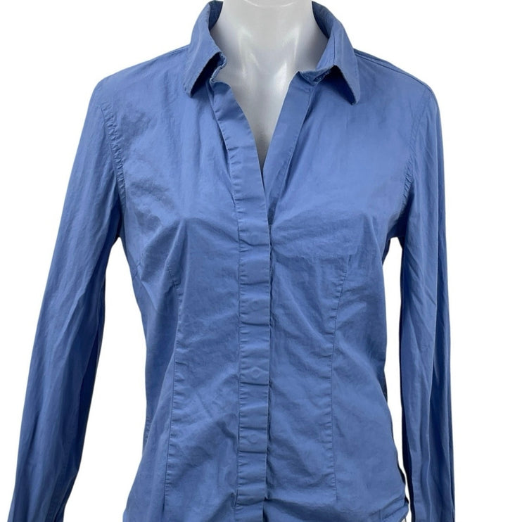 MODA International Women's Blue Slim Long Sleeve V Neck Button Down Shirt Top M