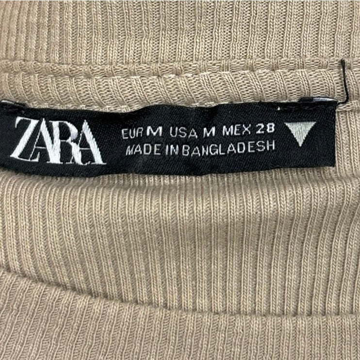 Zara Beige Crew Neck Long Sleeve Stretch Ribbed Knit Fitted Bodysuit Top Size M