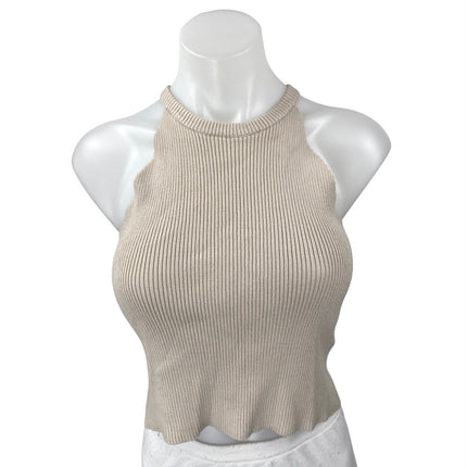 Kourt Women's Beige Sleeveless Ribbed Knit High Neck Cropped Tank Top Size S