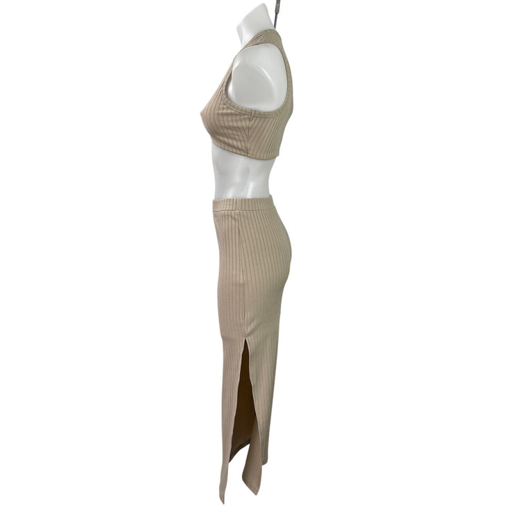 Princess Polly Ellie Beige Sleeveless Ribbed Knit Crop Top & Maxi Skirt Set Sz 2