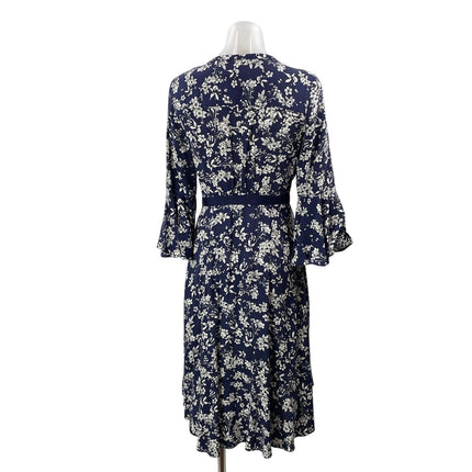 Likely Blue Floral Long Bell Sleeve Deep V Neck Midi Fit & Flare Dress Size 4