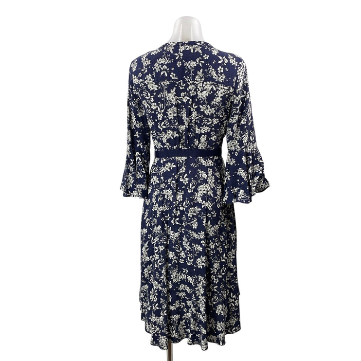 Likely Blue Floral Long Bell Sleeve Deep V Neck Midi Fit & Flare Dress Size 4