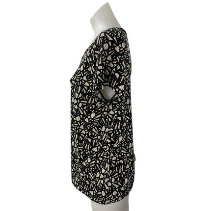 80 Park Black Geometric Round Neck Keyhole Short Cap Sleeve T-Shirt Blouse Top L