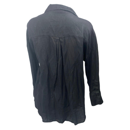 Zara Women's Black 100% Linen Long Sleeve V Neck Button Down Shirt Top Size L
