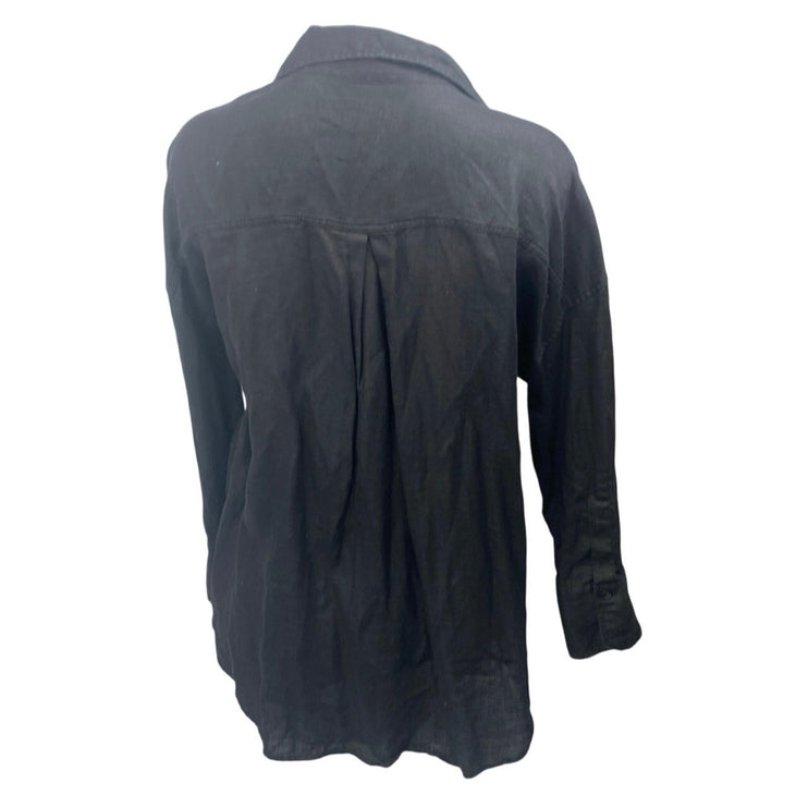 Zara Women's Black 100% Linen Long Sleeve V Neck Button Down Shirt Top Size L
