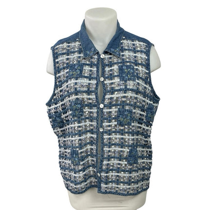 Women's Blue Floral Embroidery Sleeveless Collared Button Up Shirt Tank Top XXL