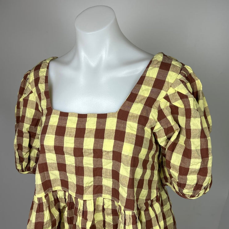 Collusion Yellow Brown Cotton Oversized Gingham Puff Sleeve Babydoll Dress Sz 2