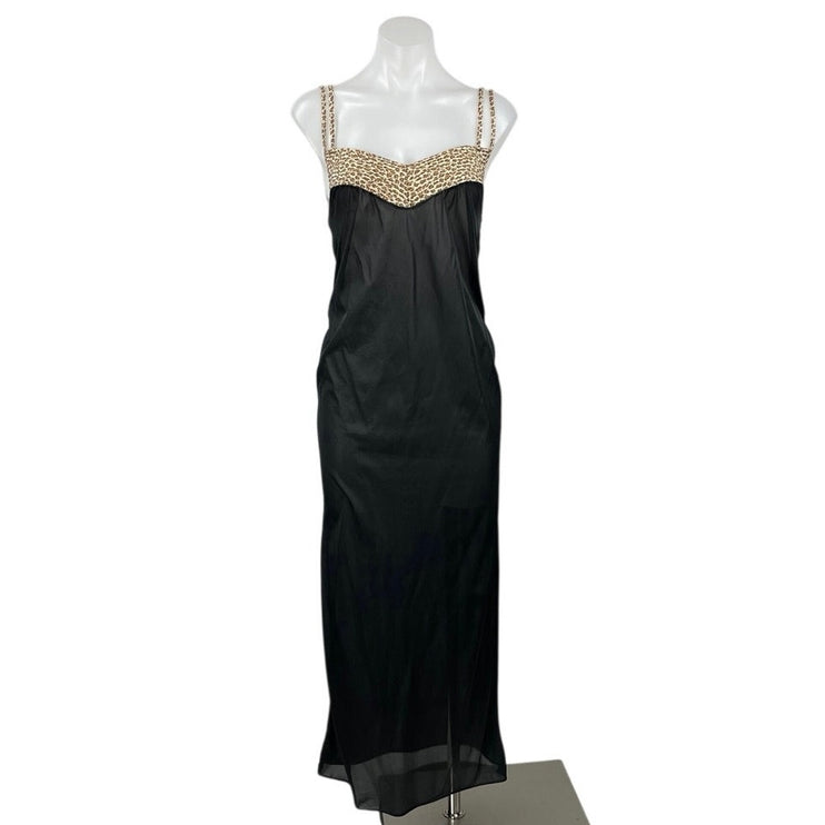 Women's Black Leopard Sleeveless Sheer Mesh Tank Cami Maxi Slip Dress Size M