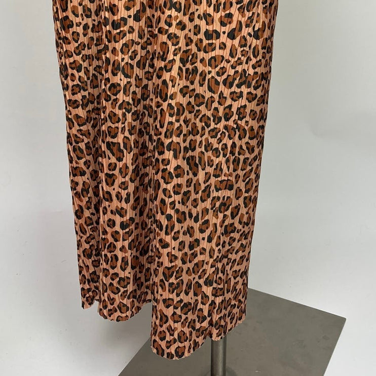 Zara Brown Tan Leopard Animal Print Plisse Short Sleeve Maxi T-Shirt Dress Sz S