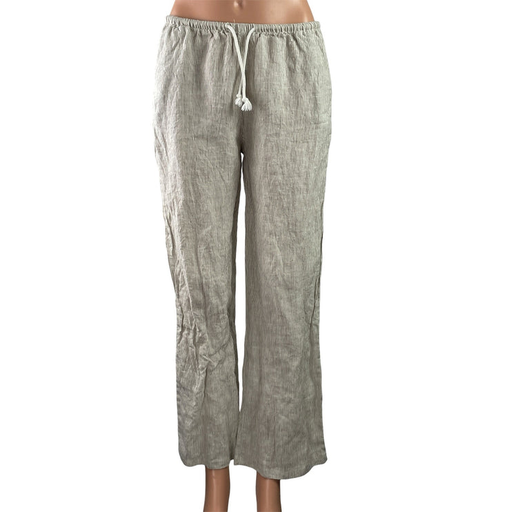 Brandy Melville 100% Linen Green Striped Dawstring Wide Leg Trousers Pants Sz S