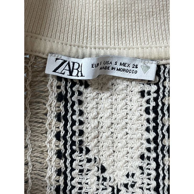 Zara Brown Geometric Tribal Crochet Knit Short Sleeve Cropped Polo Shirt Top S