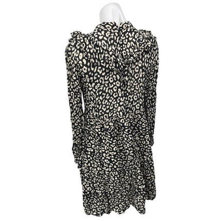 ZARA Black Cream Leopard Animal Print Long Sleeve Ruffle Mini A-line Dress XS