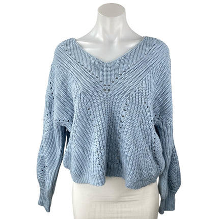 Moon & Madison Women's Blue Eyelet V-neck Long Balloon Sleeve Knit Sweater Top M