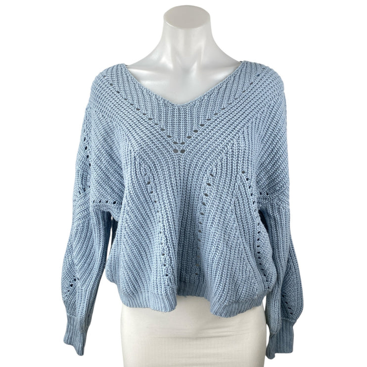 Moon & Madison Women's Blue Eyelet V-neck Long Balloon Sleeve Knit Sweater Top M