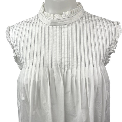 Ganni White Pintucked Ruffle Mock Neck Back Button Up Babydoll Blouse Top Size 8