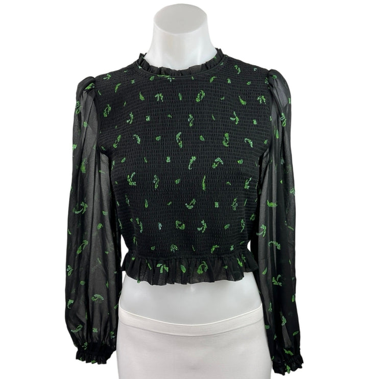 Aritzia Wilfred Lilith Black Leaf Print Smocked Puff Sleeve Ruffle Crop Blouse S