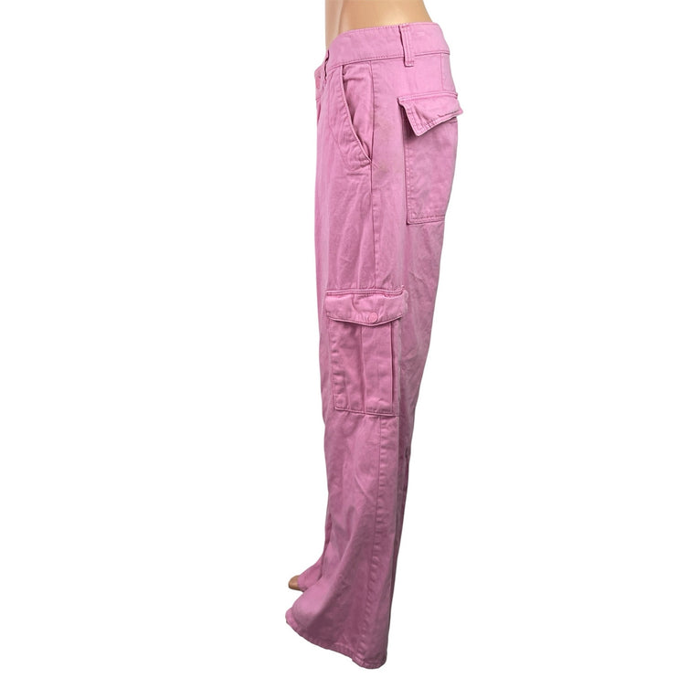 Pull & Bear Womens Pink High Waist Wide Leg Baggy Trousers Cargo Jeans Pants 12